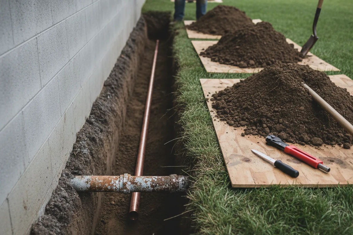Excavated water line trench during Water Softener Installation in Sloughhouse